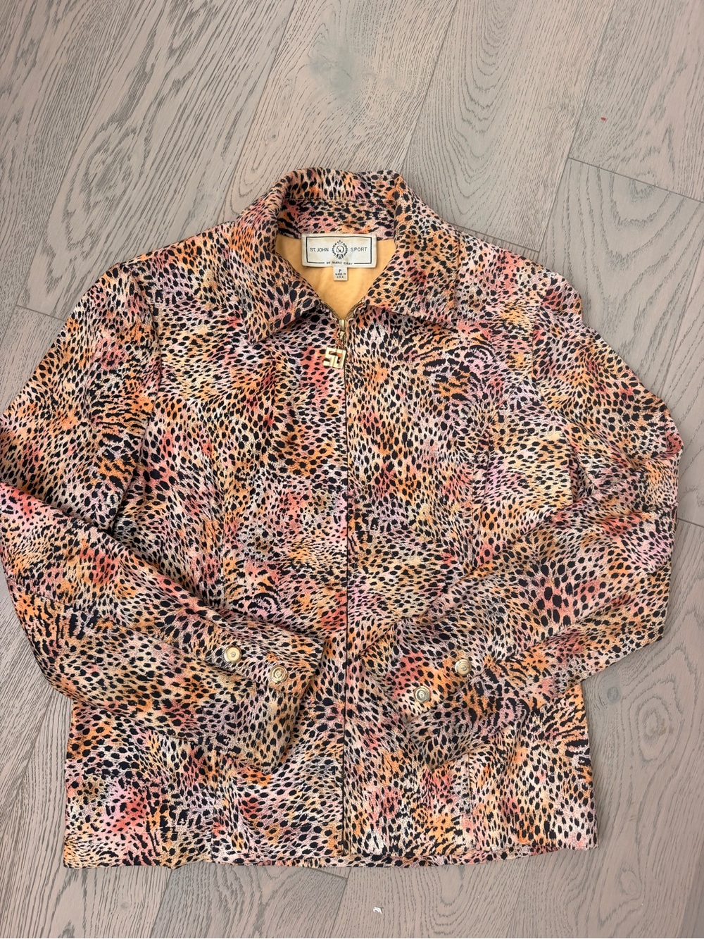 Vintage St John Sport Marie Gray Animal Leopard Print Jacket Petite Y2K USA